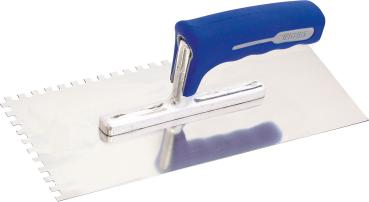Glättekelle 28x13cm, Edelstahl 8mm-Zahnung, 2K-Gr., bl./grau. vorne