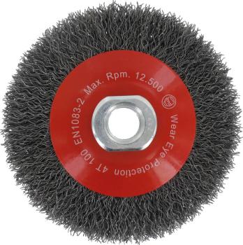 Kegelscheibenbürste 100mm, Stahl, gew., M14,0,30mm,zweir. vorne