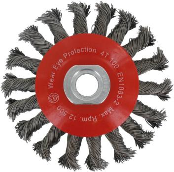 Kegelscheibenbürste 100mm, Stahl, M14, 0,50mm, gezopft vorne