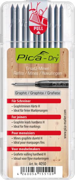 PICA-DRY Ersatzmine Härte H graphit, 10 Stück Minen/Pack vorne