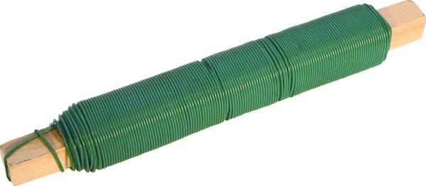 Blumendraht 100g grün 0.65 mm plastifiziert auf Holzstab vorne