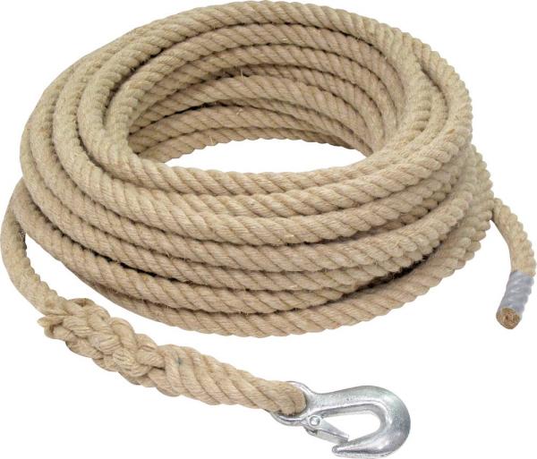 Baurollenseil 20 m, Hanf, mit SIKA-Haken, 20mm Durchmesser vorne