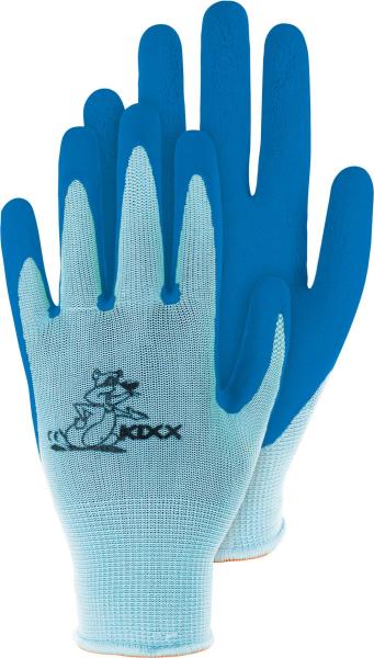 Kinderstrickhandschuh Gr.5, grün, Nylon mit Latexbesch. vorne