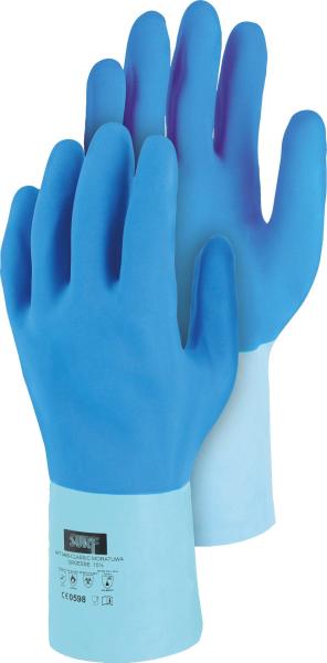 Fliesenlegerhandschuh Gr. 10 Latex,30cm,blau,Baumwollfutter vorne