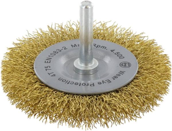 Schaftrundbürste 75x10mm,Mess- ing, 0,30mm, Schaft 6mm, einr. vorne