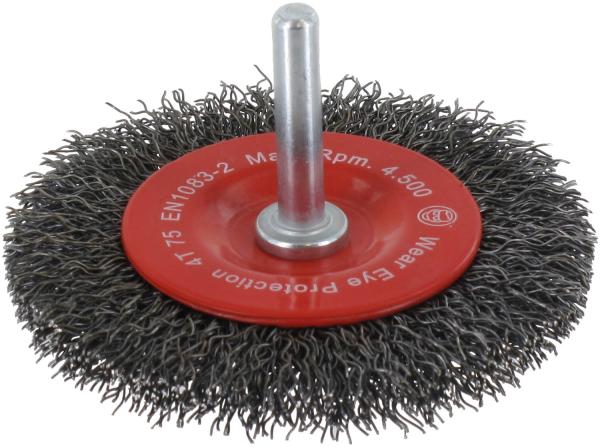 Schaftrundbürste 75x10mm,Stahl 0,30mm, Schaft 6mm, einreihig vorne