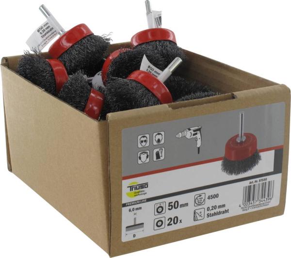 Schafttopfbürste 50mm, Stahl, 0,20mm, Schaft 6mm