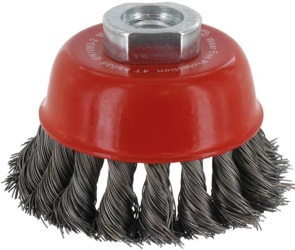 Topfbürste 65mm, Stahl,gezopft M14, 0,35mm vorne