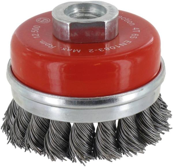 Topfbürste 65mm, Stahl,gezopft M14,0,50mm, zylindrische Kappe